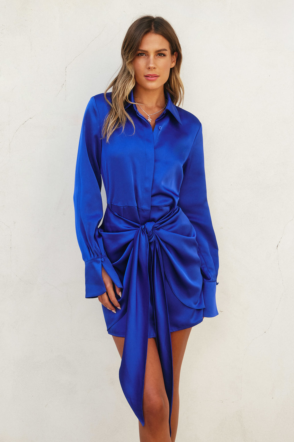 Satin Tie Waist Mini Shirt Dress - Main Image