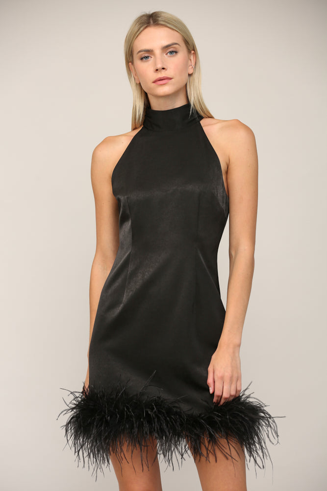 Halter Neck Feather Hem Dress Halter Neck Feather Hem Dress