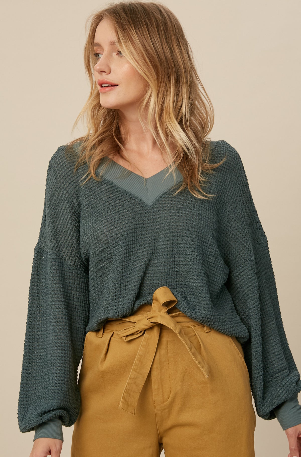 Waffle Textured V-neck Top