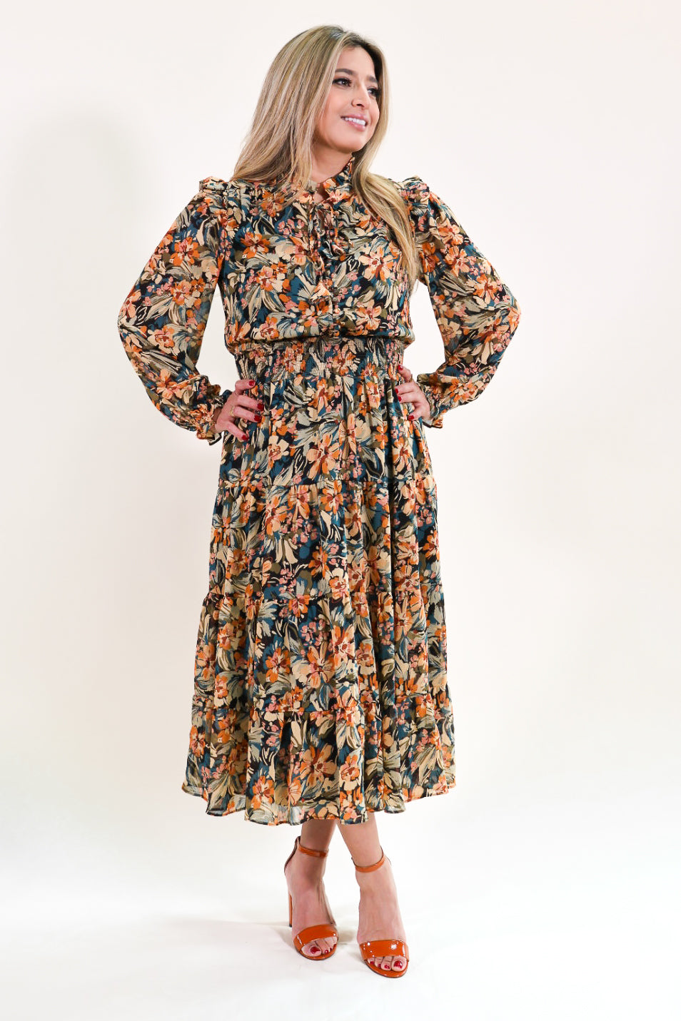 Vintage Floral Ruffled Shoulder Midi Dress