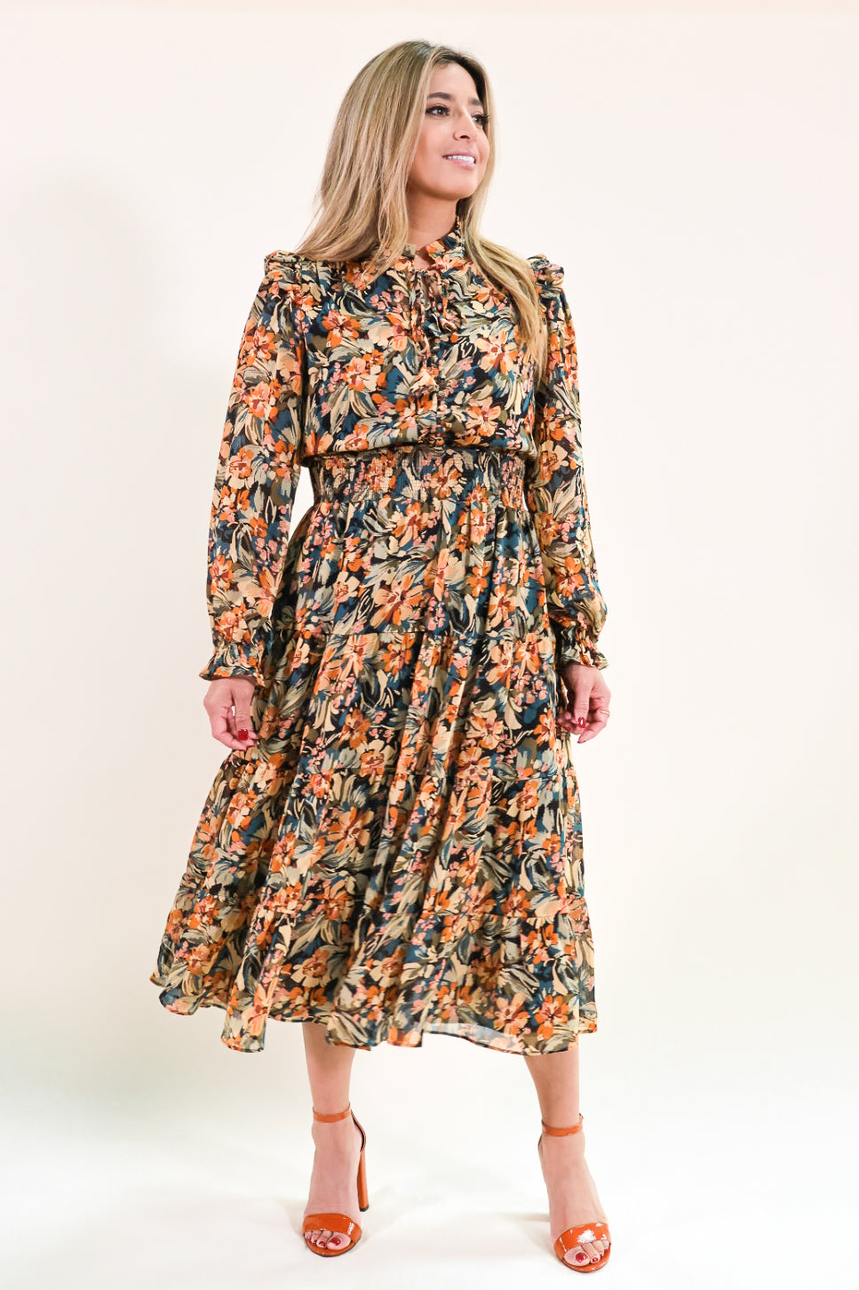 Vintage Floral Ruffled Shoulder Midi Dress