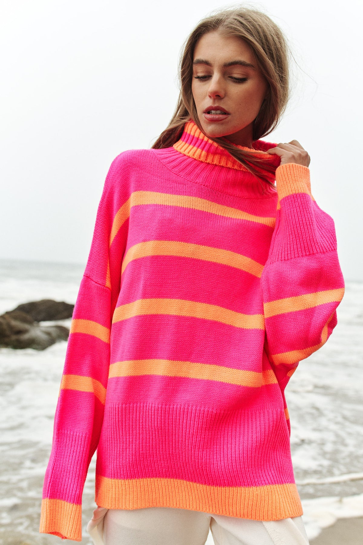 Striped Oversized Turtleneck Sweater