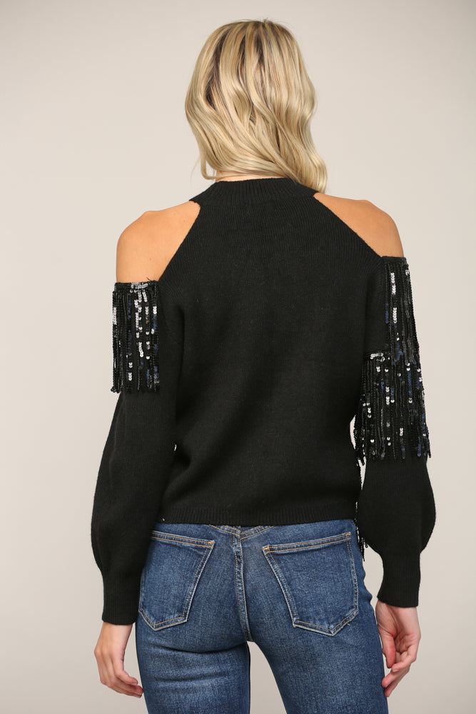 Sequin Fringe Cold Shoulder Sweater