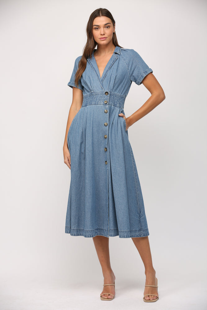 Washed Denim Wrap Midi Dress Washed Denim Wrap Midi Dress