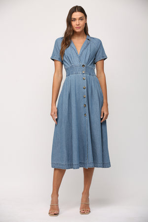 Washed Denim Wrap Midi Dress