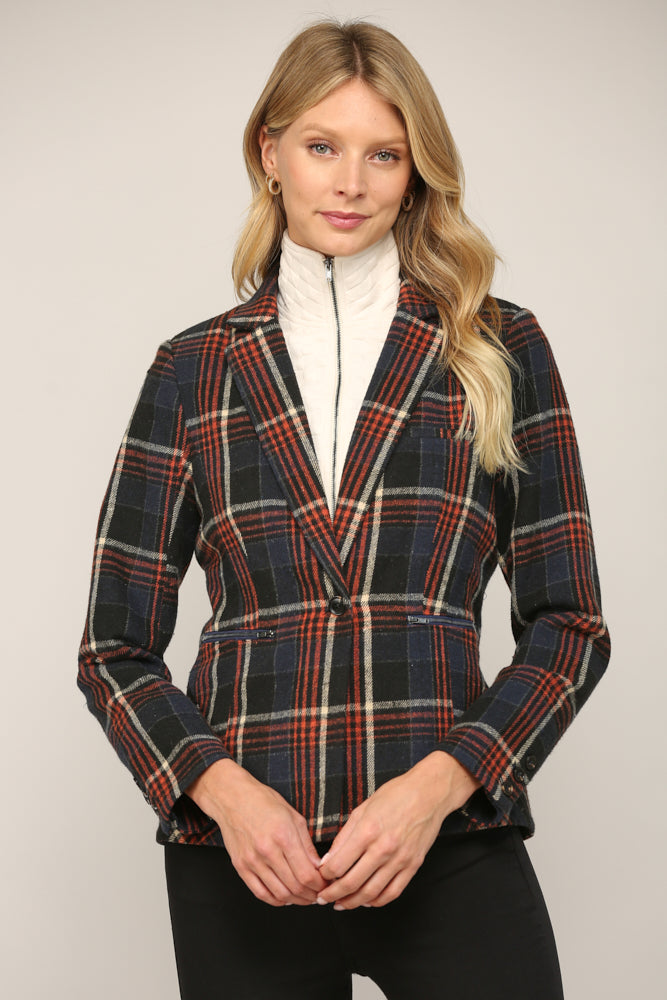 Embossed Knit Insert Plaid Blazer