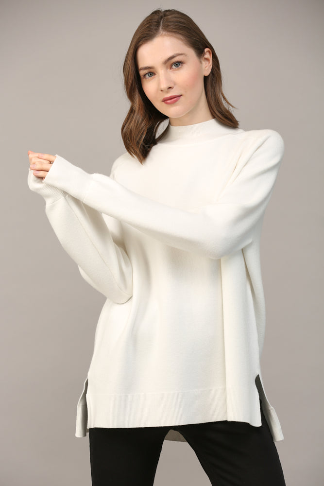 Solid Side Slit Mock Neck Sweater