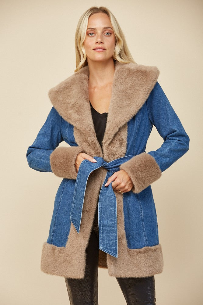 Dolly Denim Fur Trim Coat