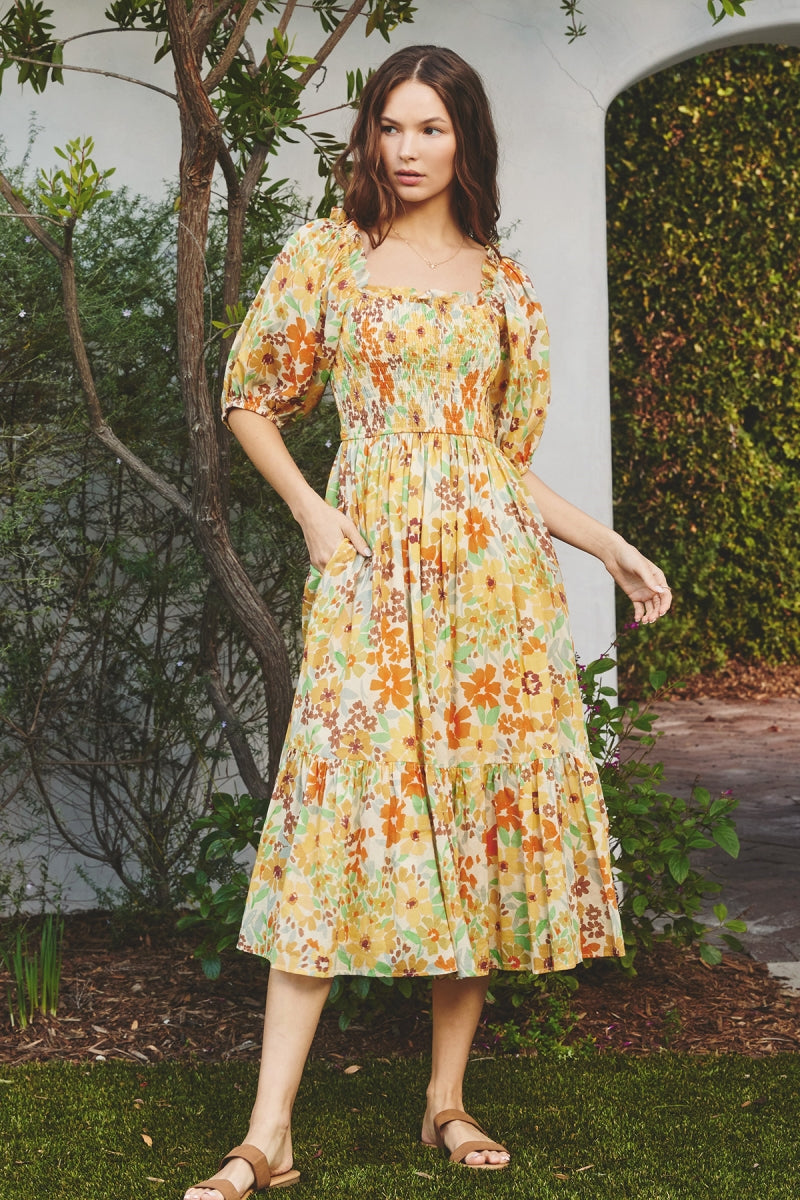 Hello There Puff Sleeve Smocked Midi Dress Hello There Puff Sleeve Smocked Midi Dress