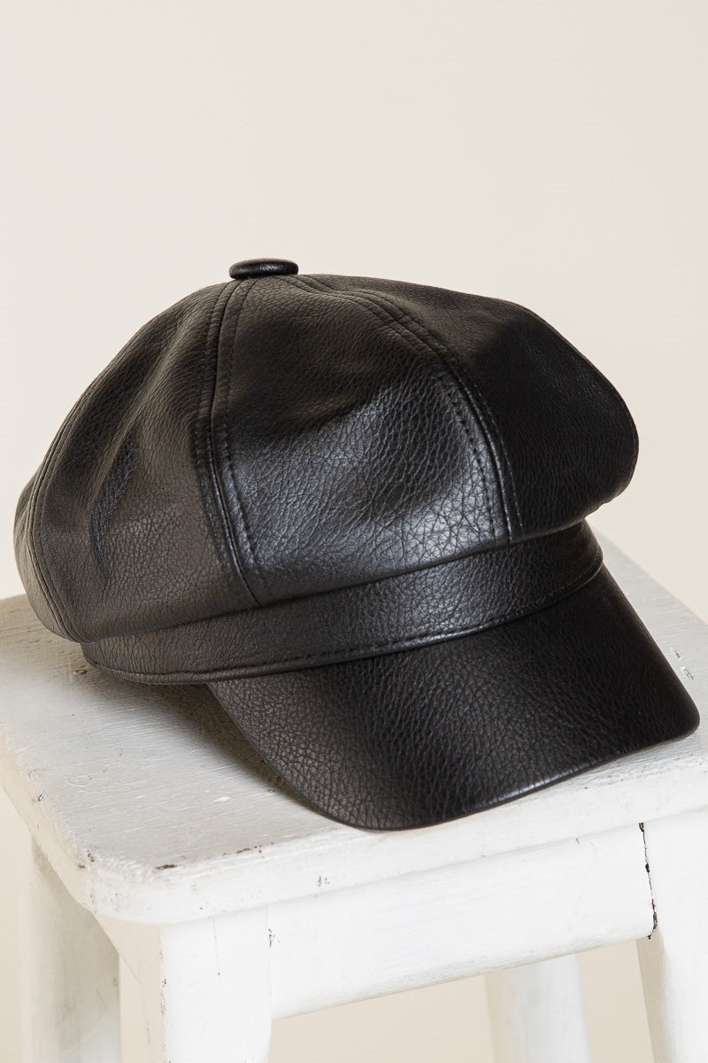 Black Leather Newsboy Cap