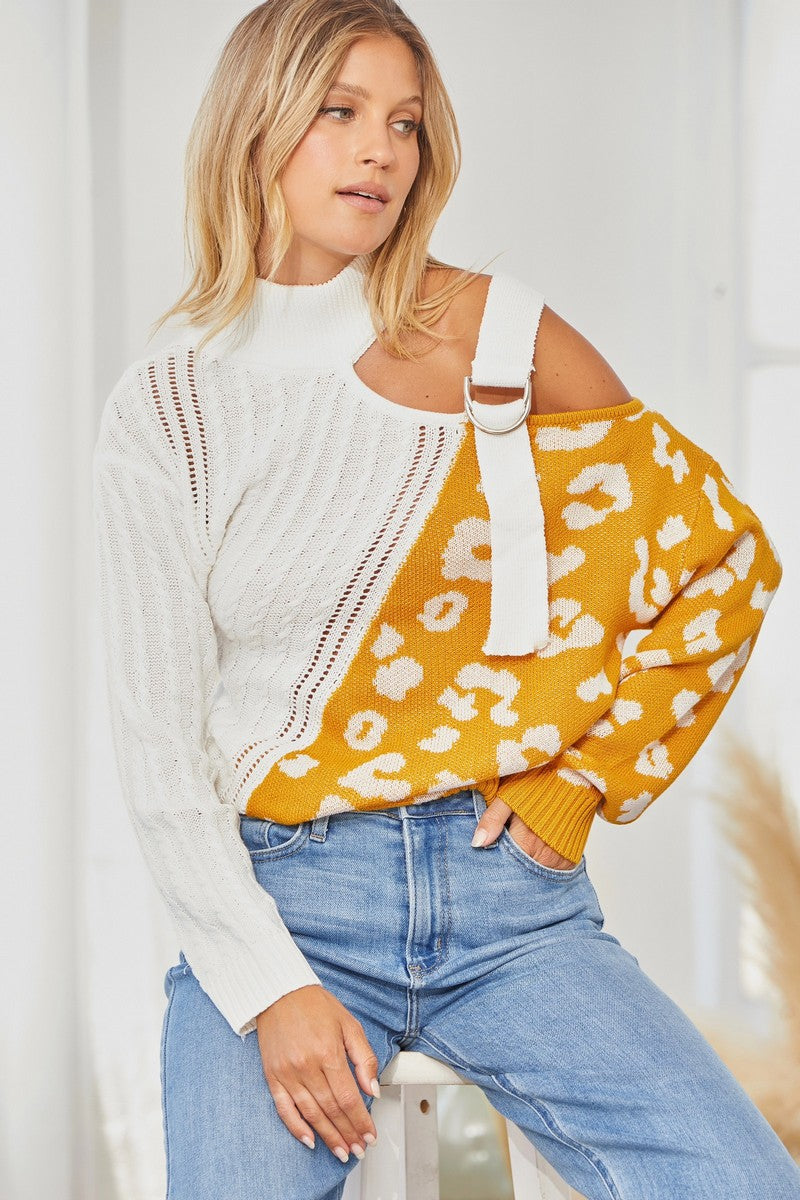 Cold  Shoulder Leopard Print Sweater