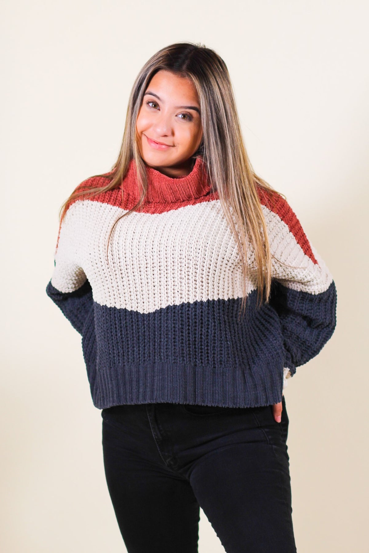 Color Block Turtleneck Chenille Sweater