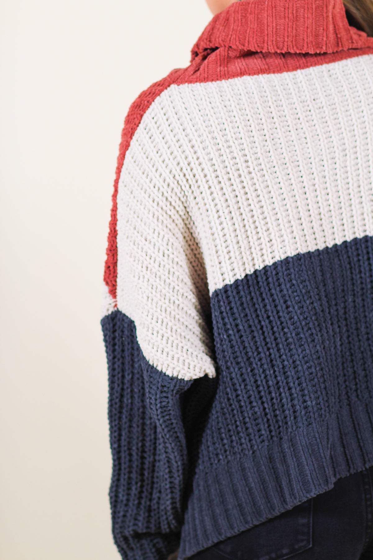 Color Block Turtleneck Chenille Sweater