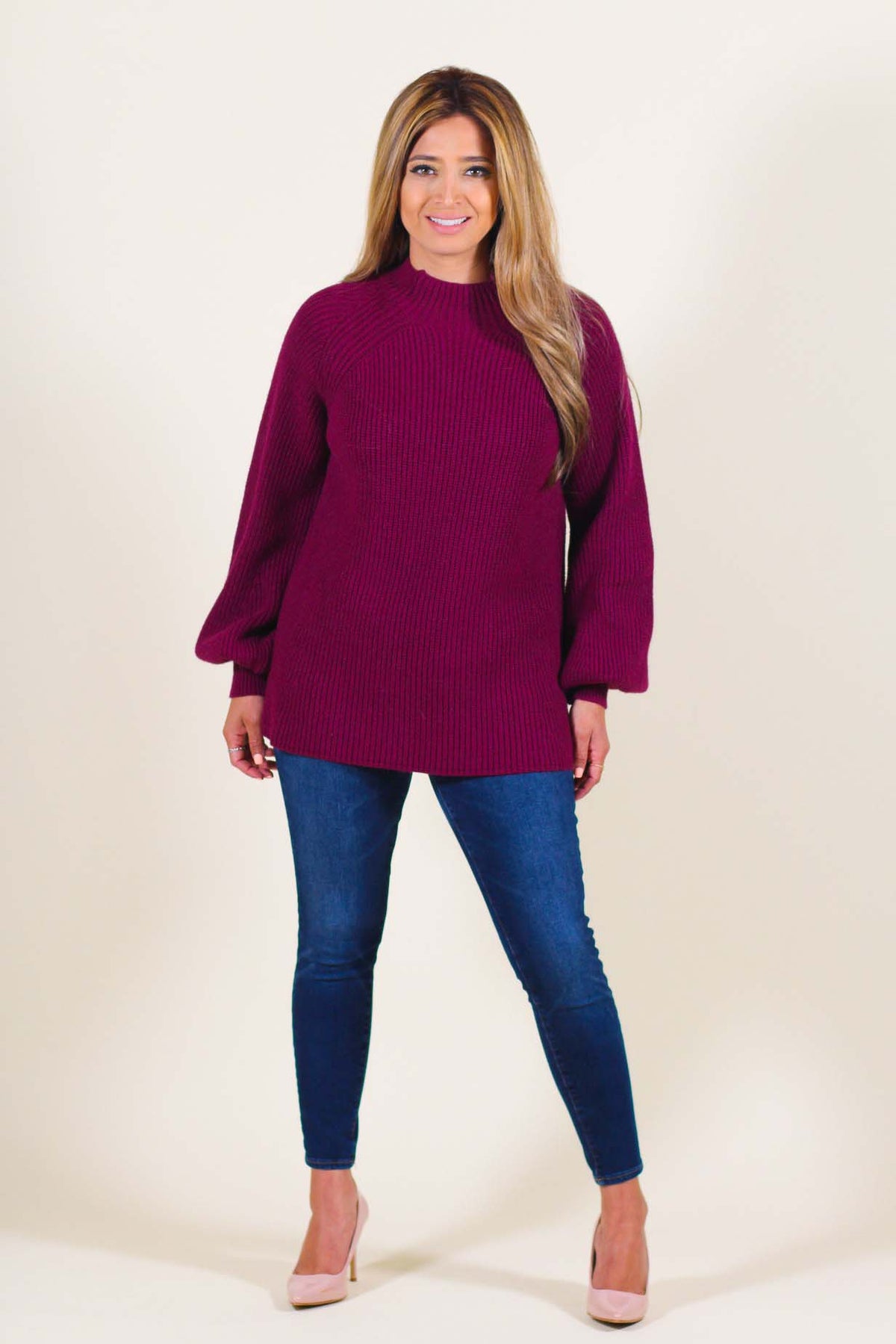 H Neck Puff Long Sleeve Knit Sweater