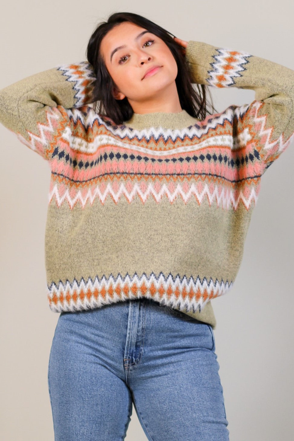 Oversized Intarsia Fuzzy Sweater