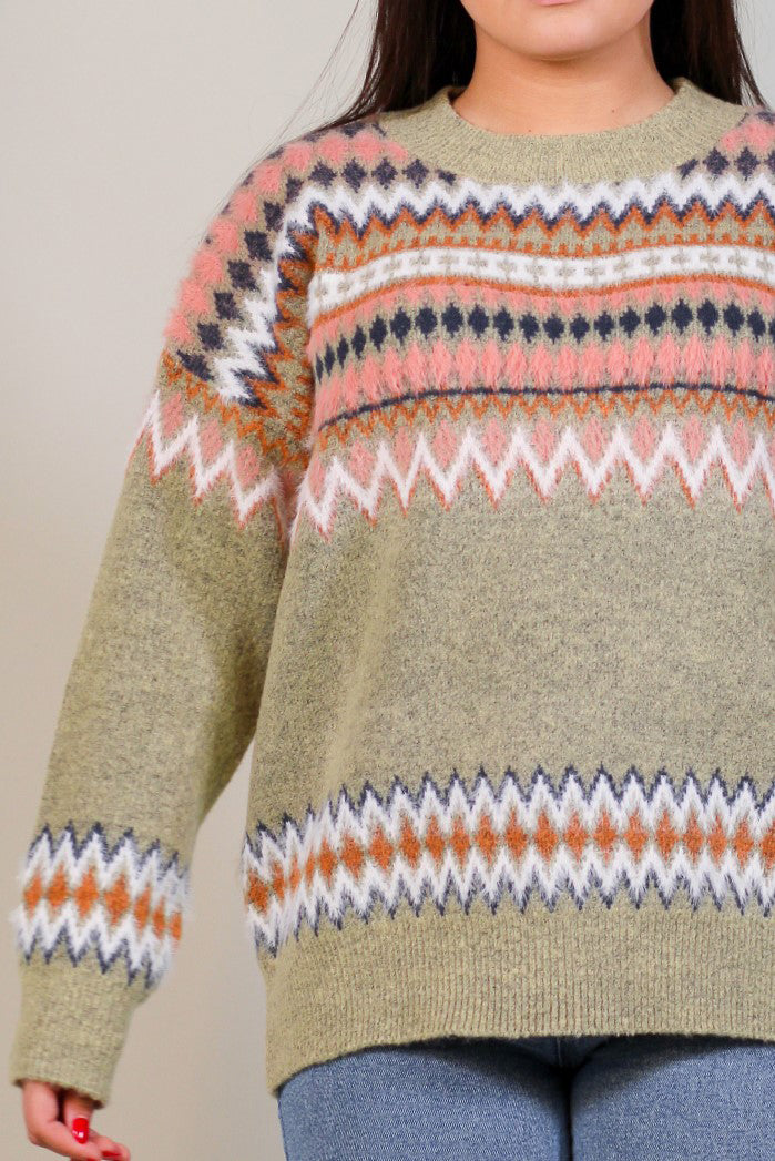 Oversized Intarsia Fuzzy Sweater