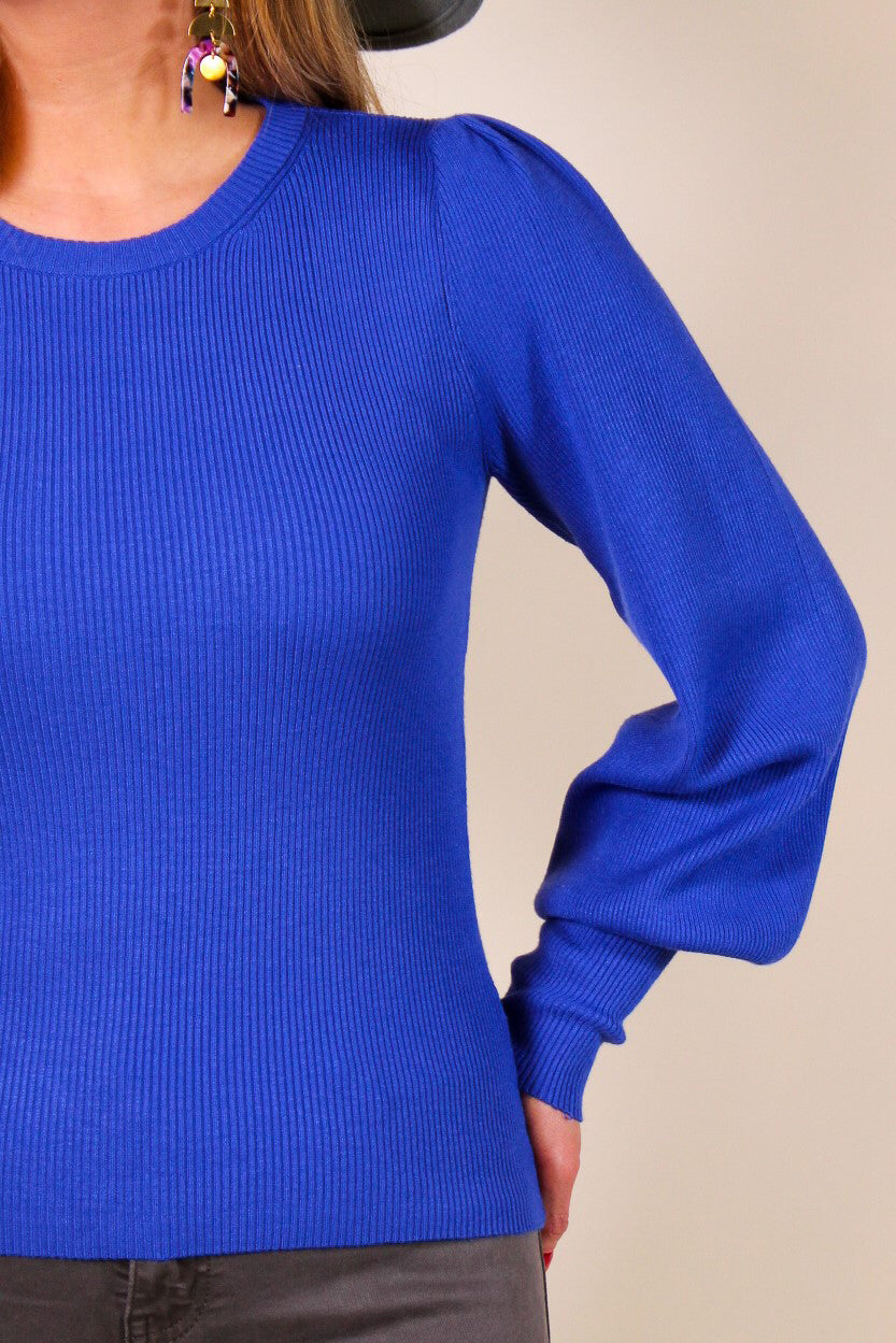 Ribbed Puff Sleeve Round Neck Top