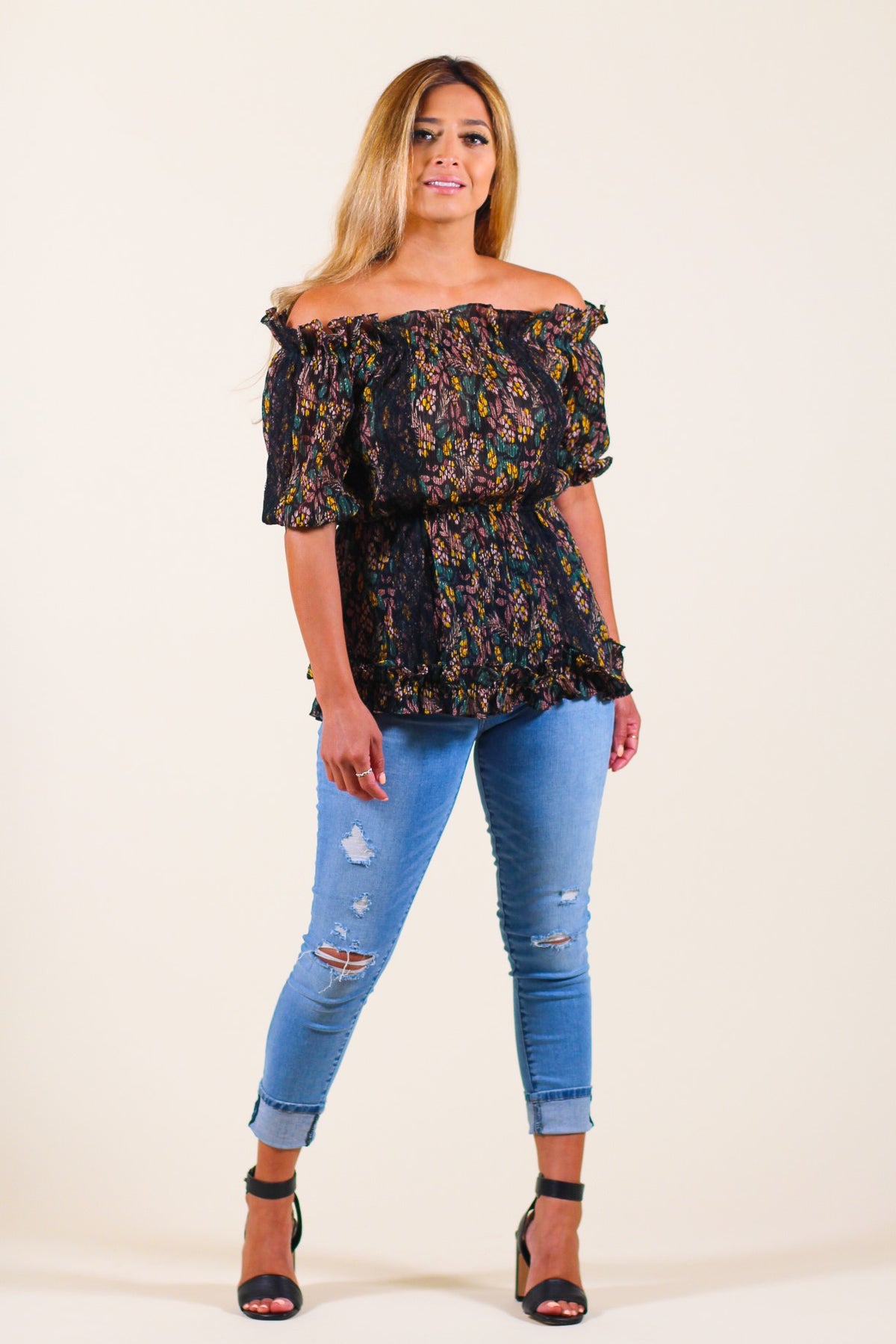 Cold Shoulder Puffy Sleeve Print Smock Top