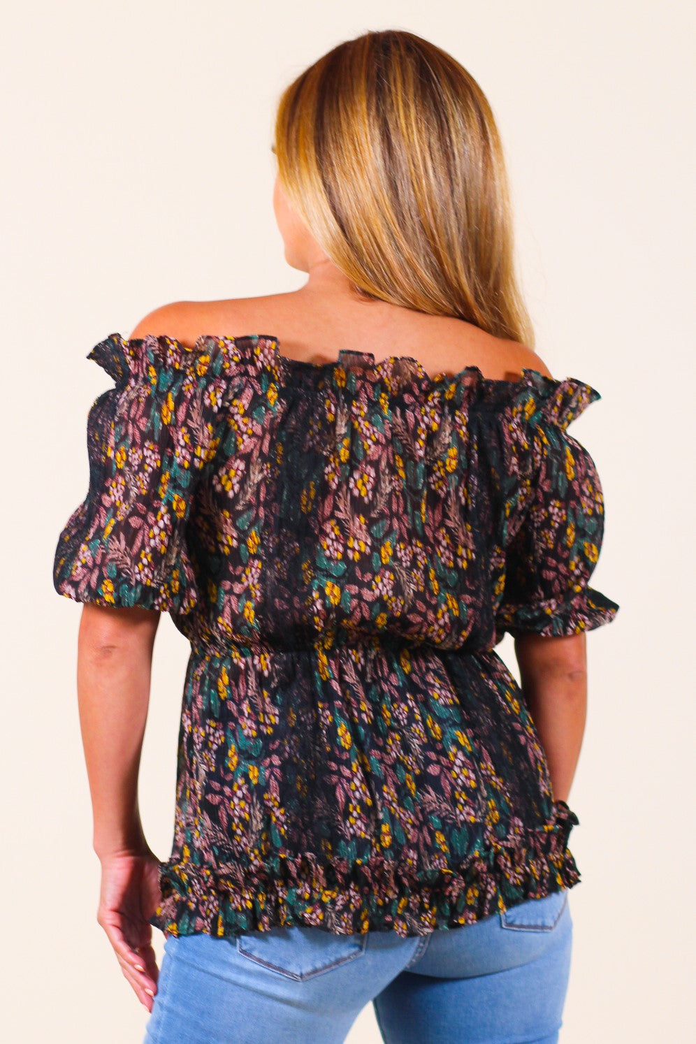 Cold Shoulder Puffy Sleeve Print Smock Top