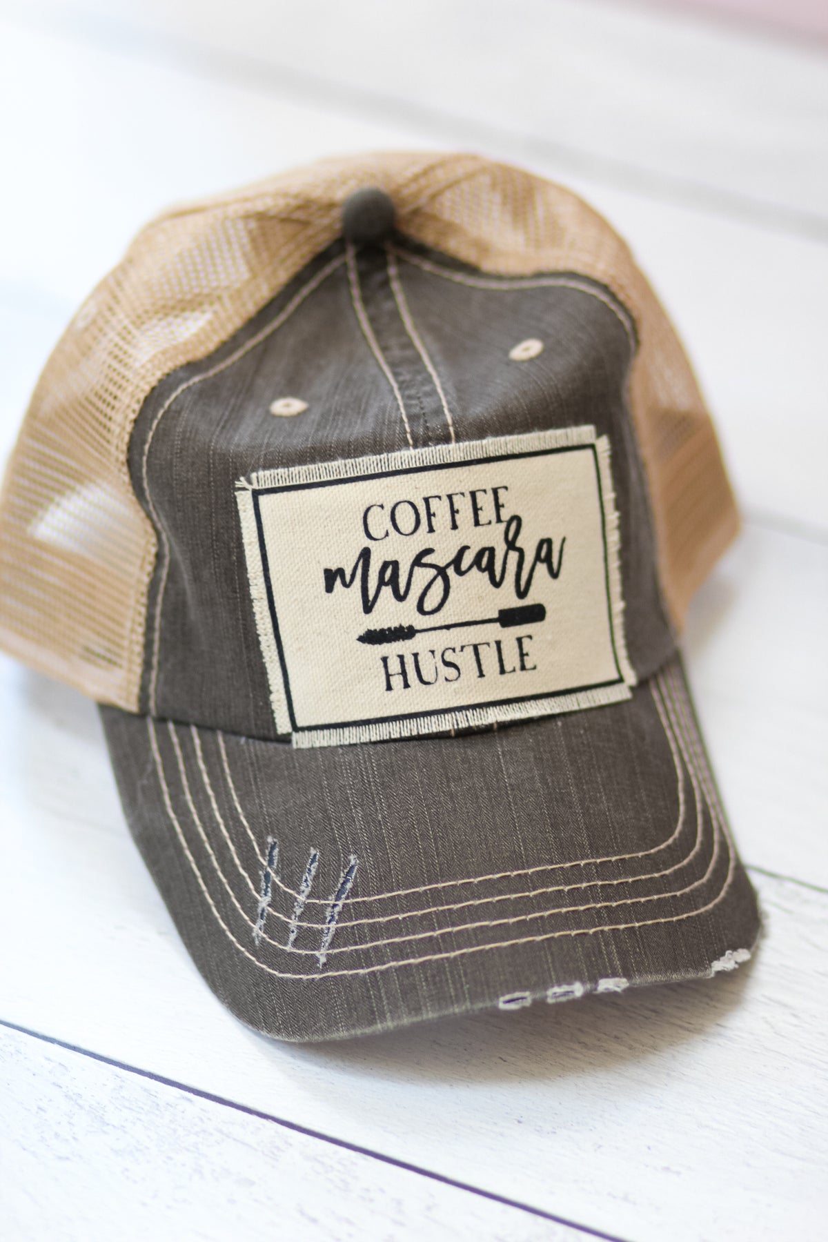 "Coffee Mascara Hustle" Distressed Trucker Cap