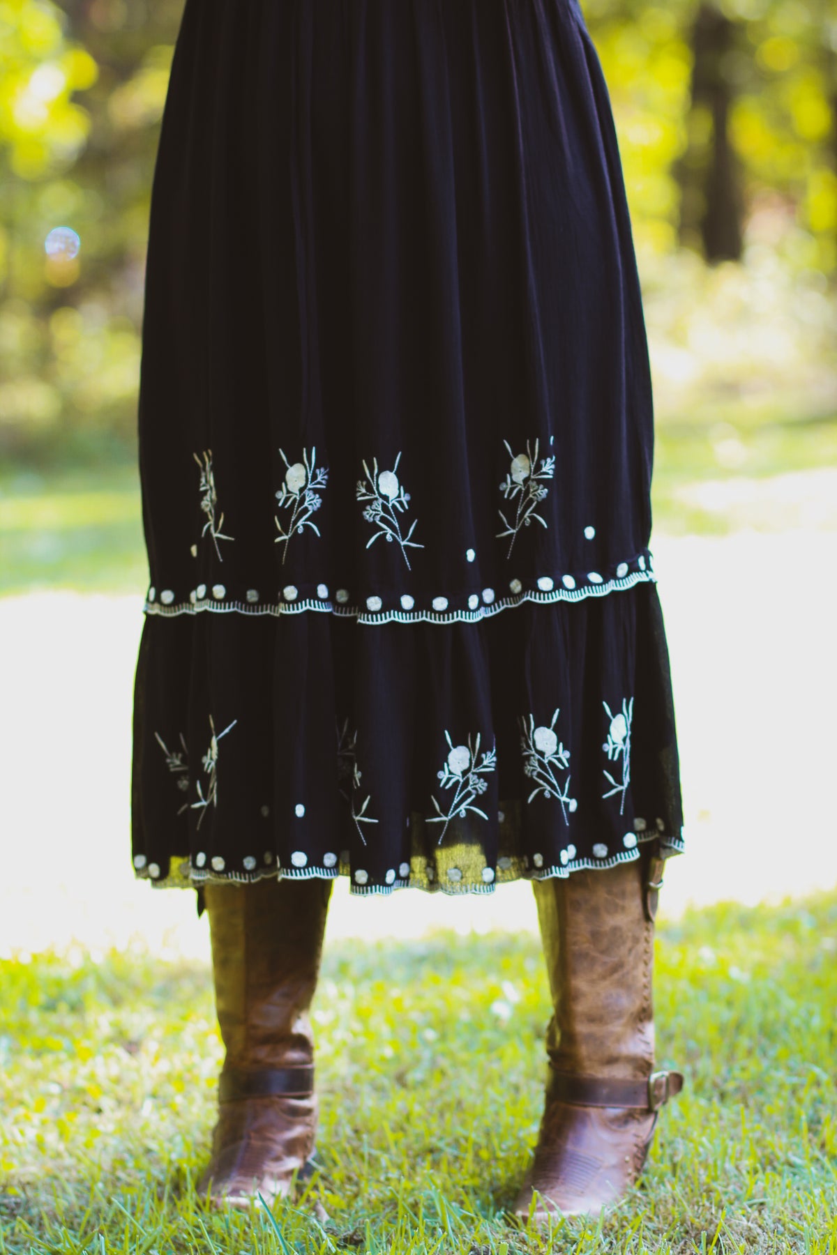 Smocked Neck Embroidered Midi Dress