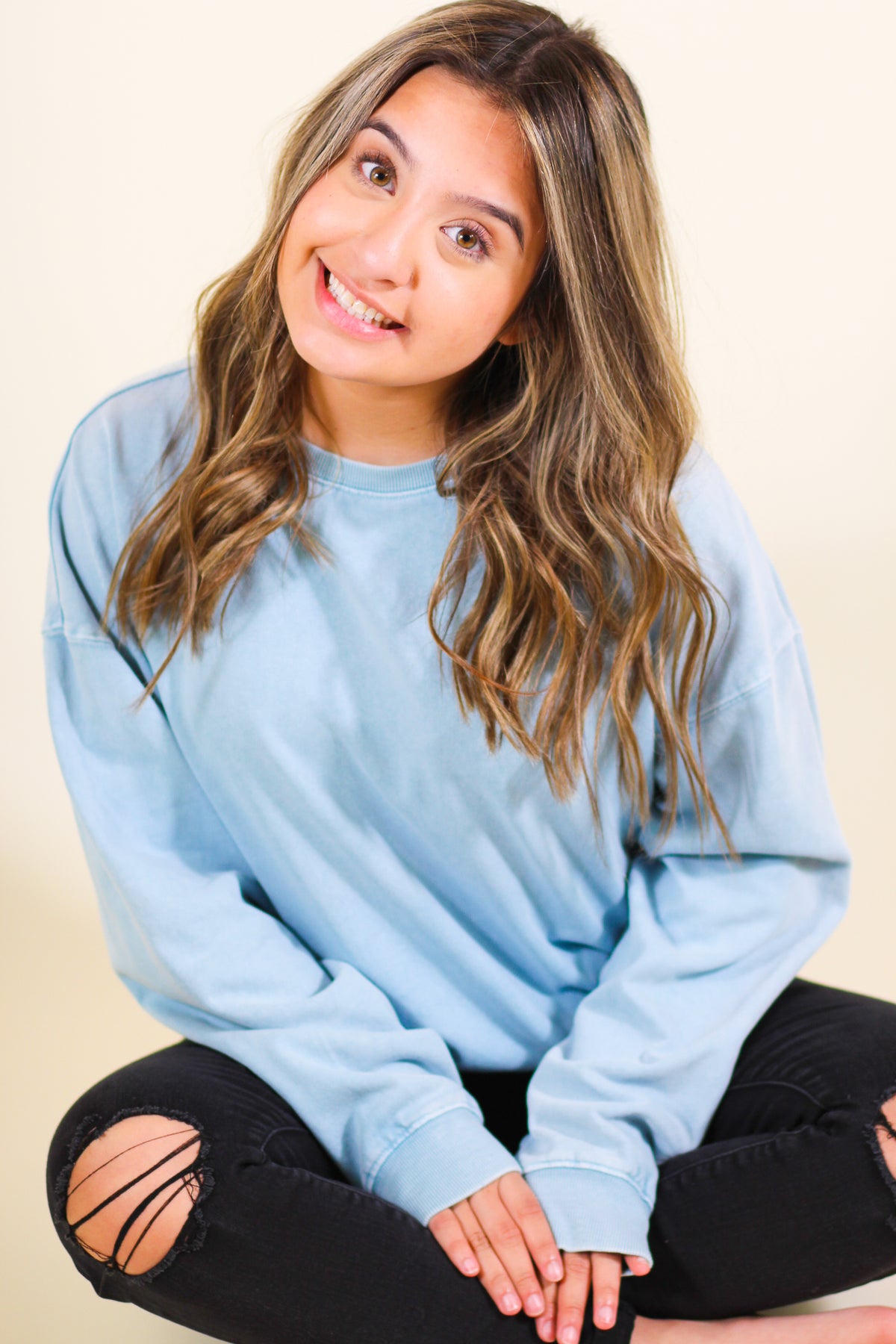 Slouchy Long Sleeve Washed Soft Terry Knit Pullover