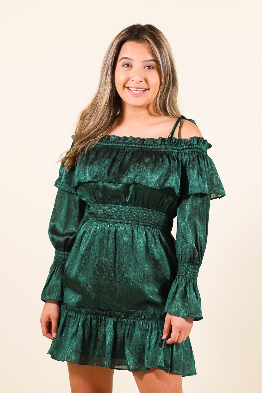 Emerald Green Velour Off The Shoulder Mini Dress