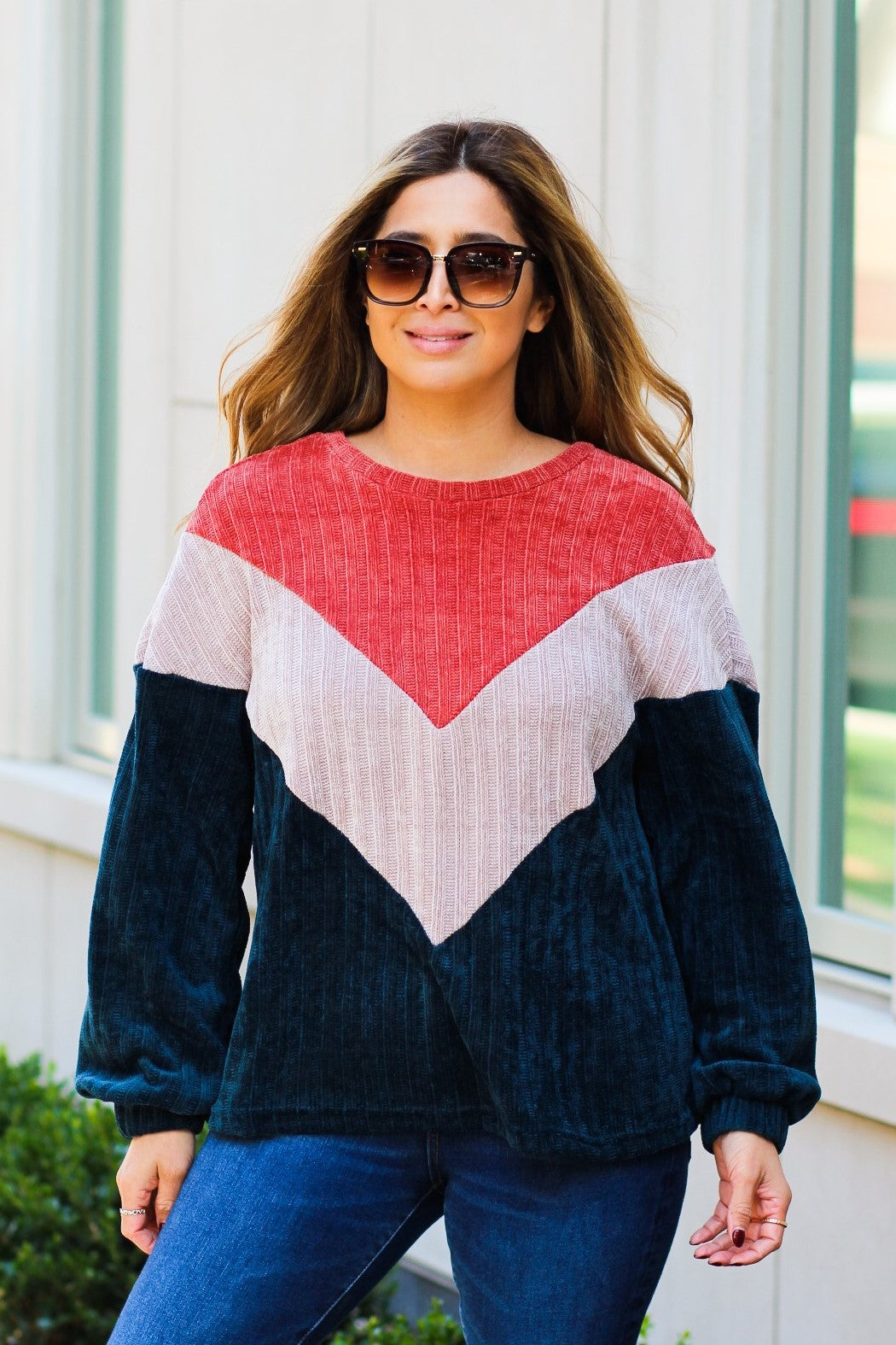 Chenille Rib Texture Knit Color Block Sweatshirt