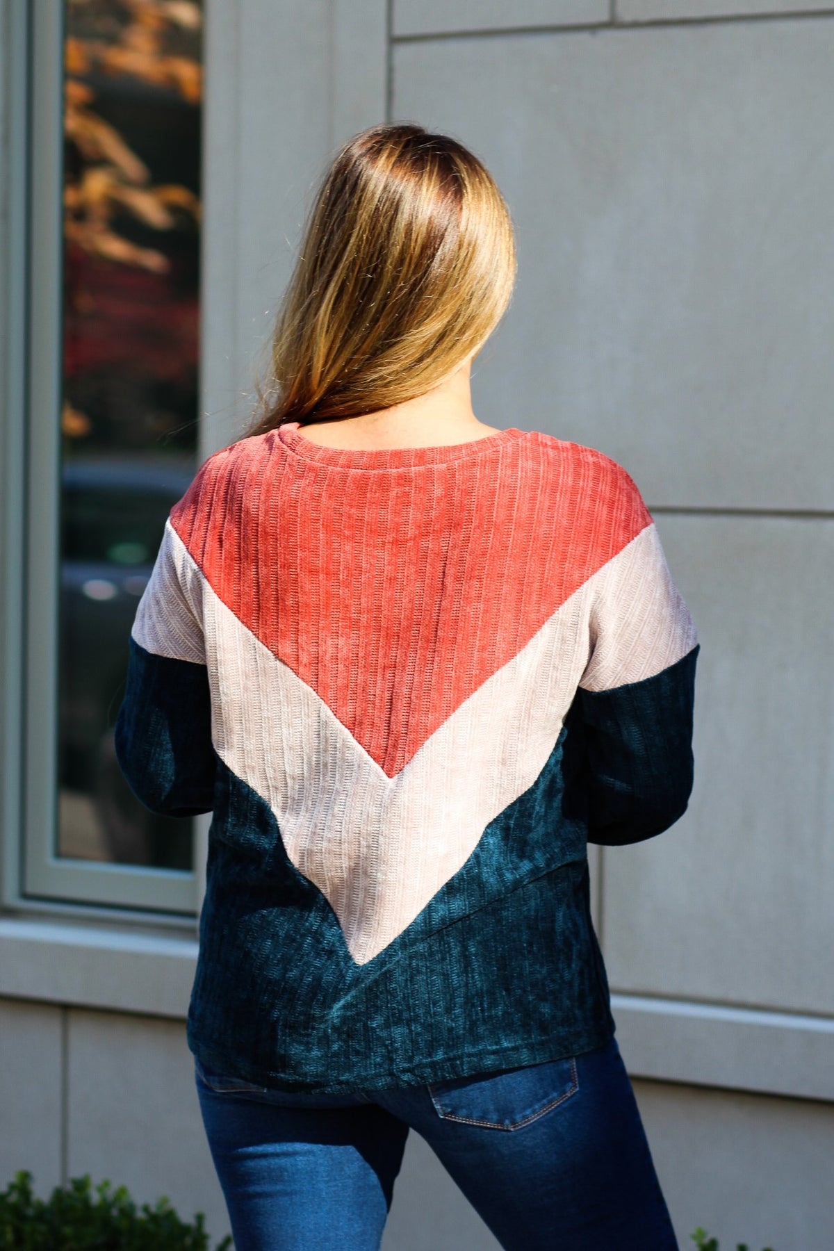 Chenille Rib Texture Knit Color Block Sweatshirt