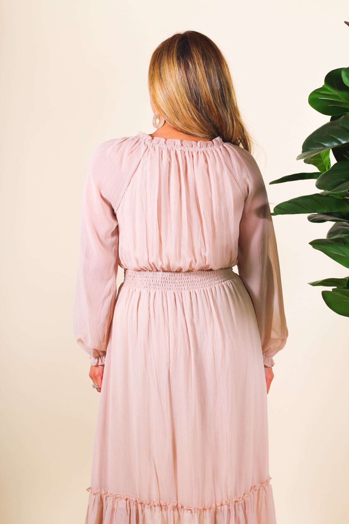 Round Neck Long Sleeve Peasant Maxi Dress