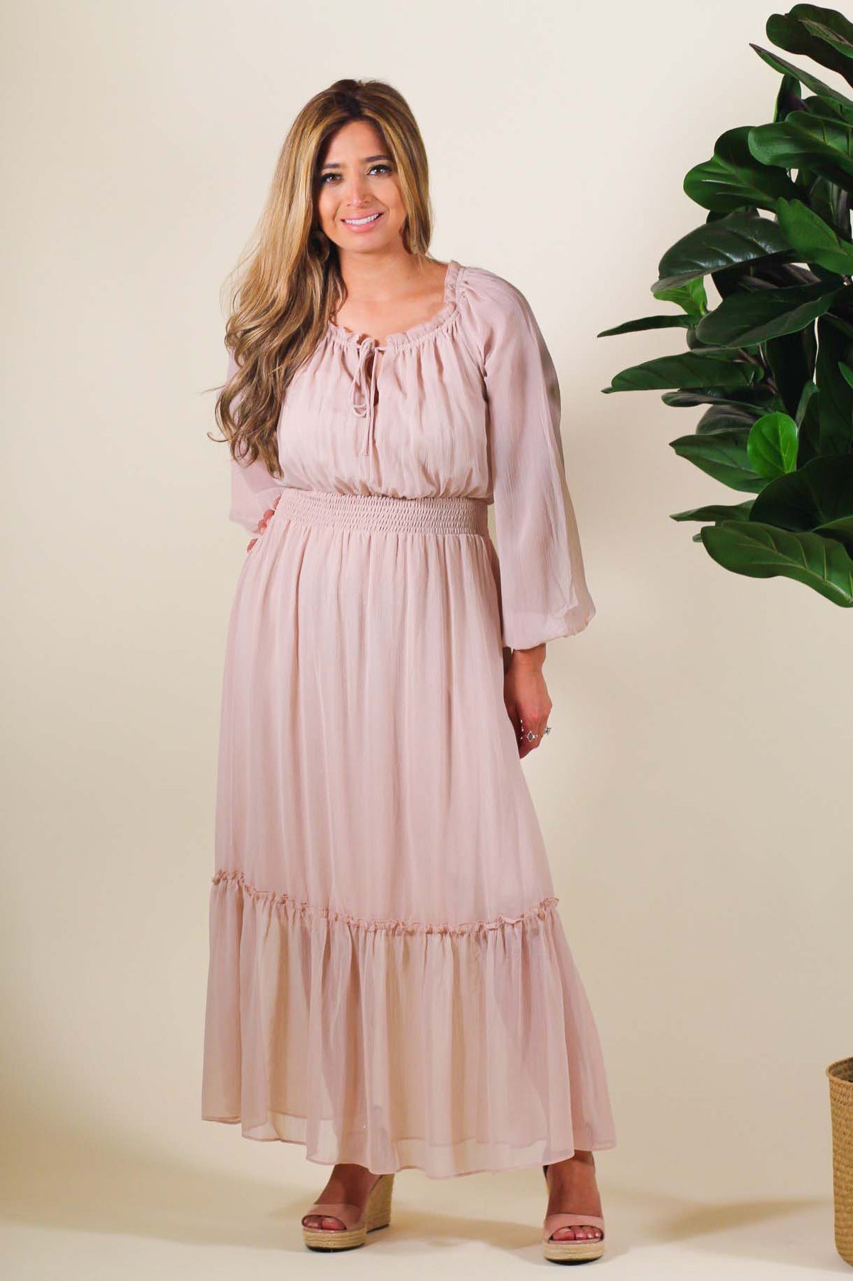 Round Neck Long Sleeve Peasant Maxi Dress Penelope The Label Round Neck Long Sleeve Peasant Maxi Dress Penelope The Label
