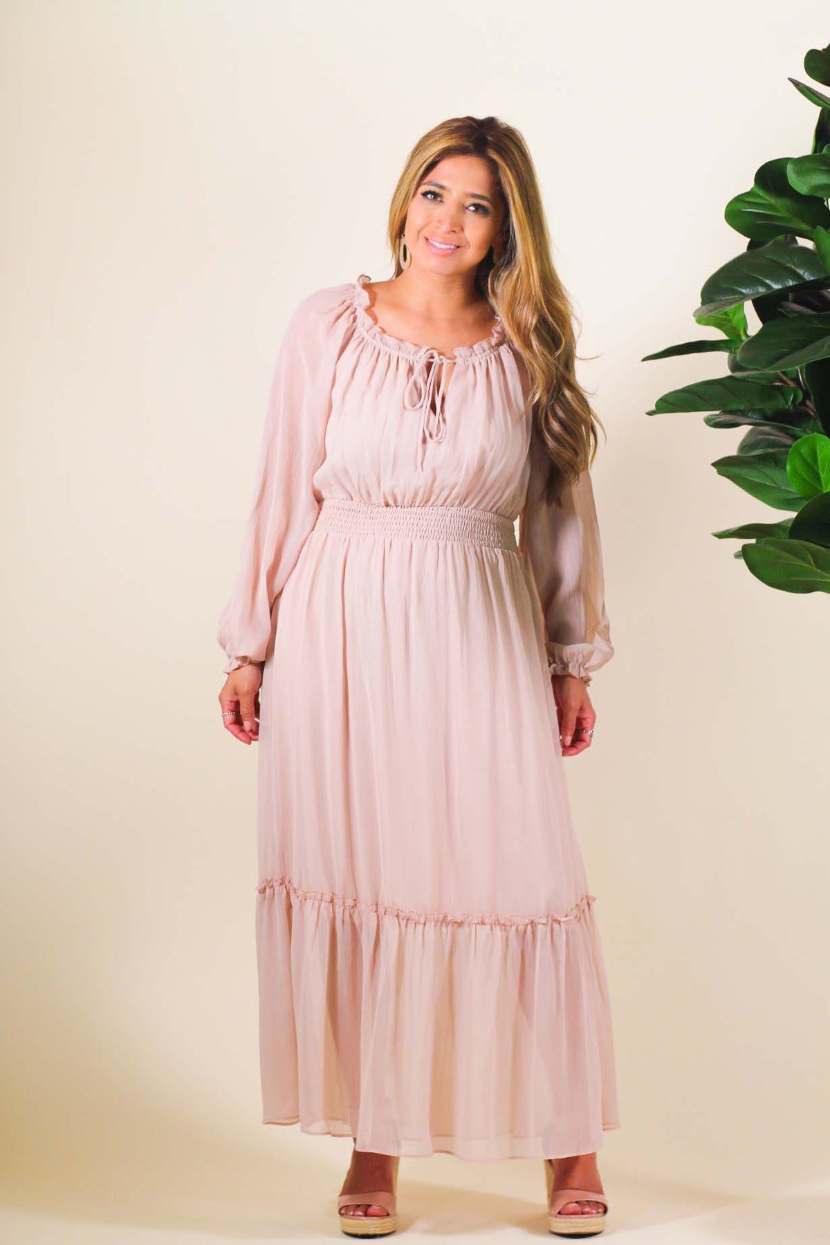 Round Neck Long Sleeve Peasant Maxi Dress Round Neck Long Sleeve Peasant Maxi Dress