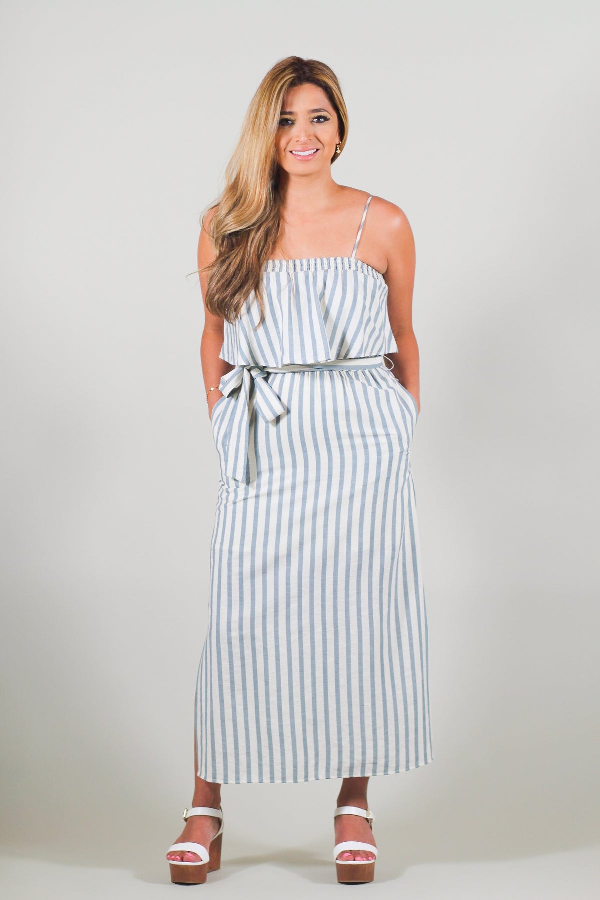Striped Cami Tie Front Slit Midi Dress