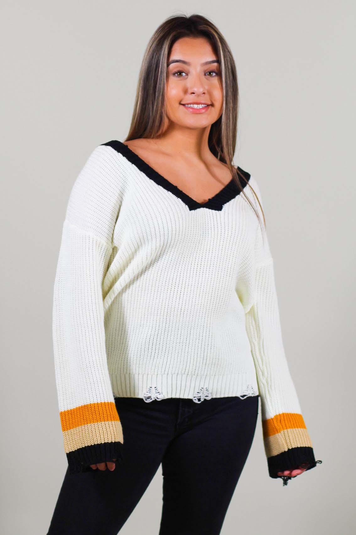 Distressed V-Neck Sweater