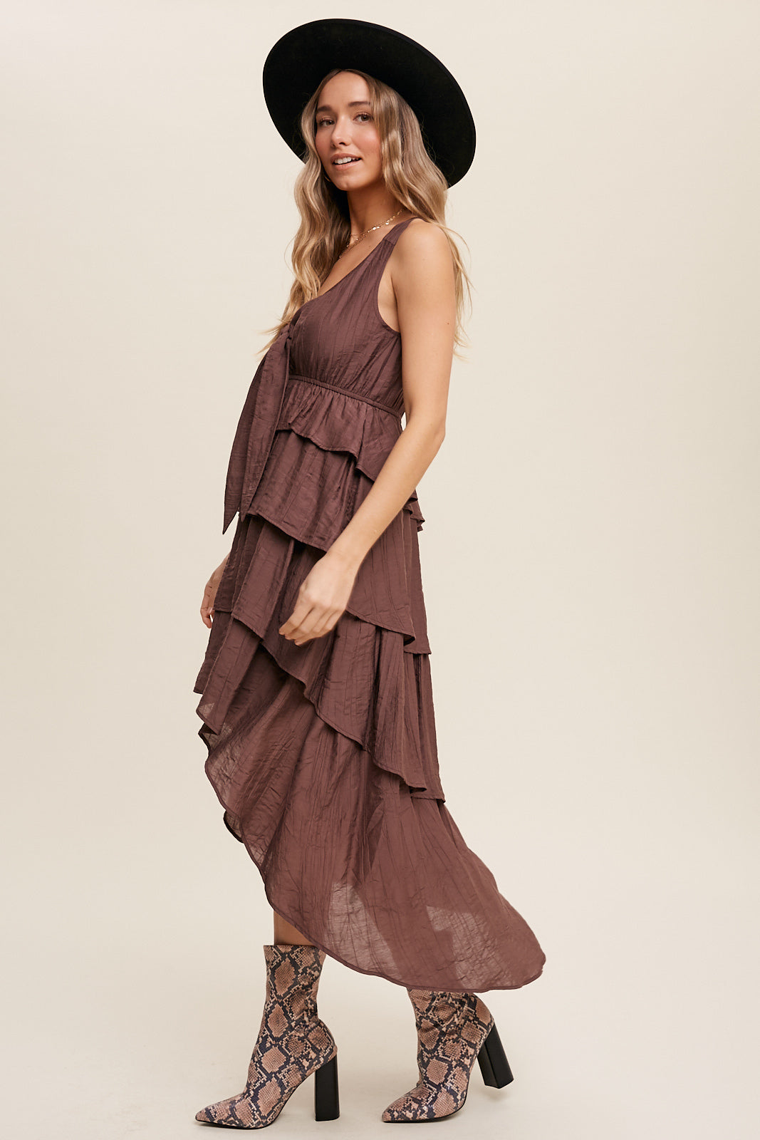 Tie-Front Tiered Ruffle Midi Dress – Penelope The Label Tie-Front Tiered Ruffle Midi Dress – Penelope The Label