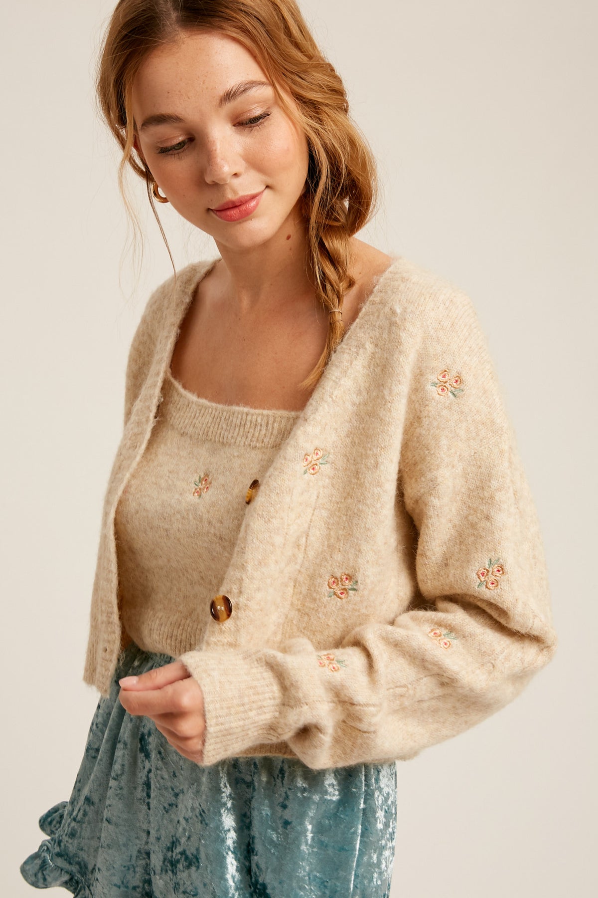 Flower Embroidered Cami & Cardigan Sweater Set
