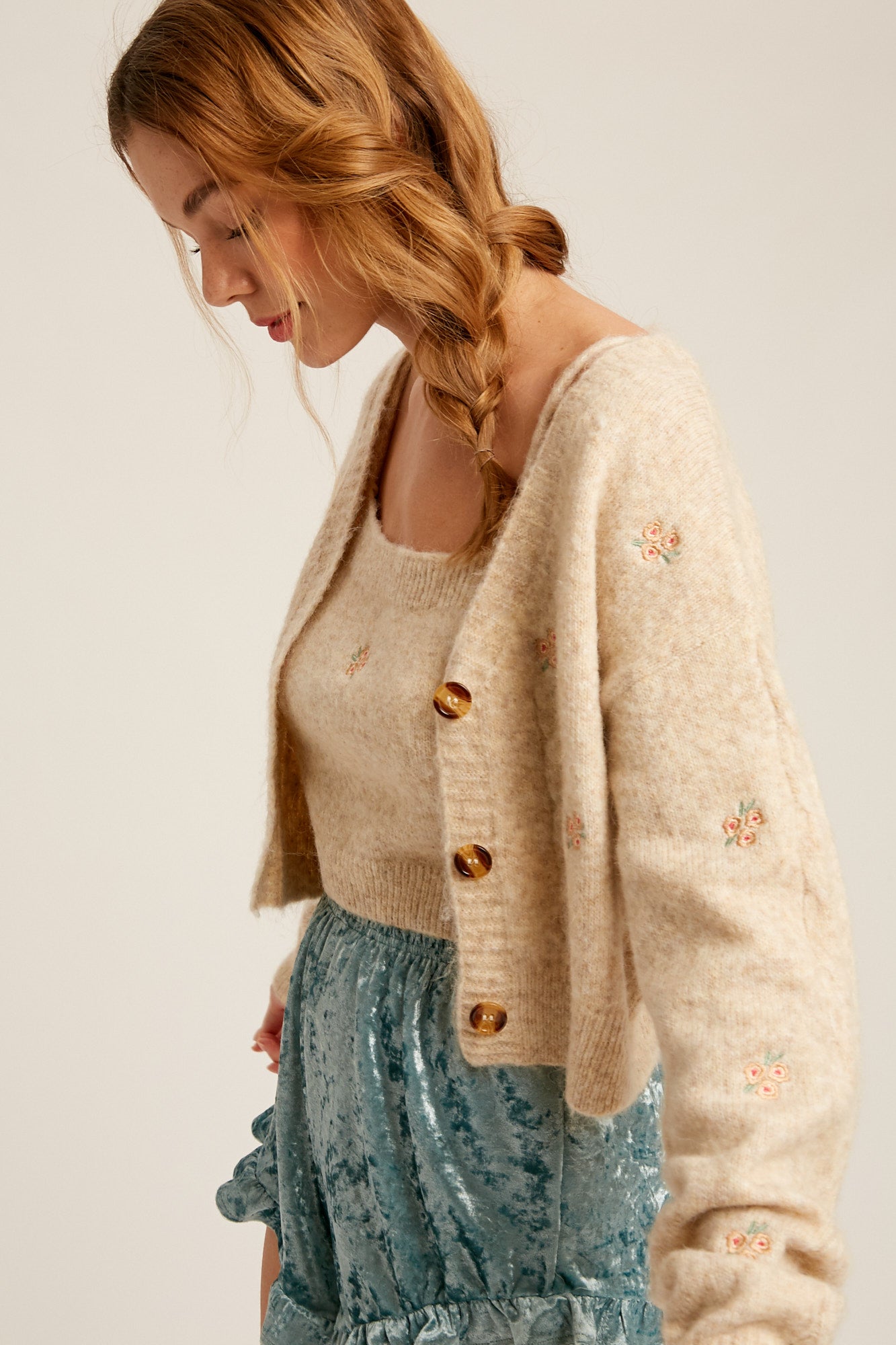 Embroidered Posy Cami Top and Cardigan Set in Cream