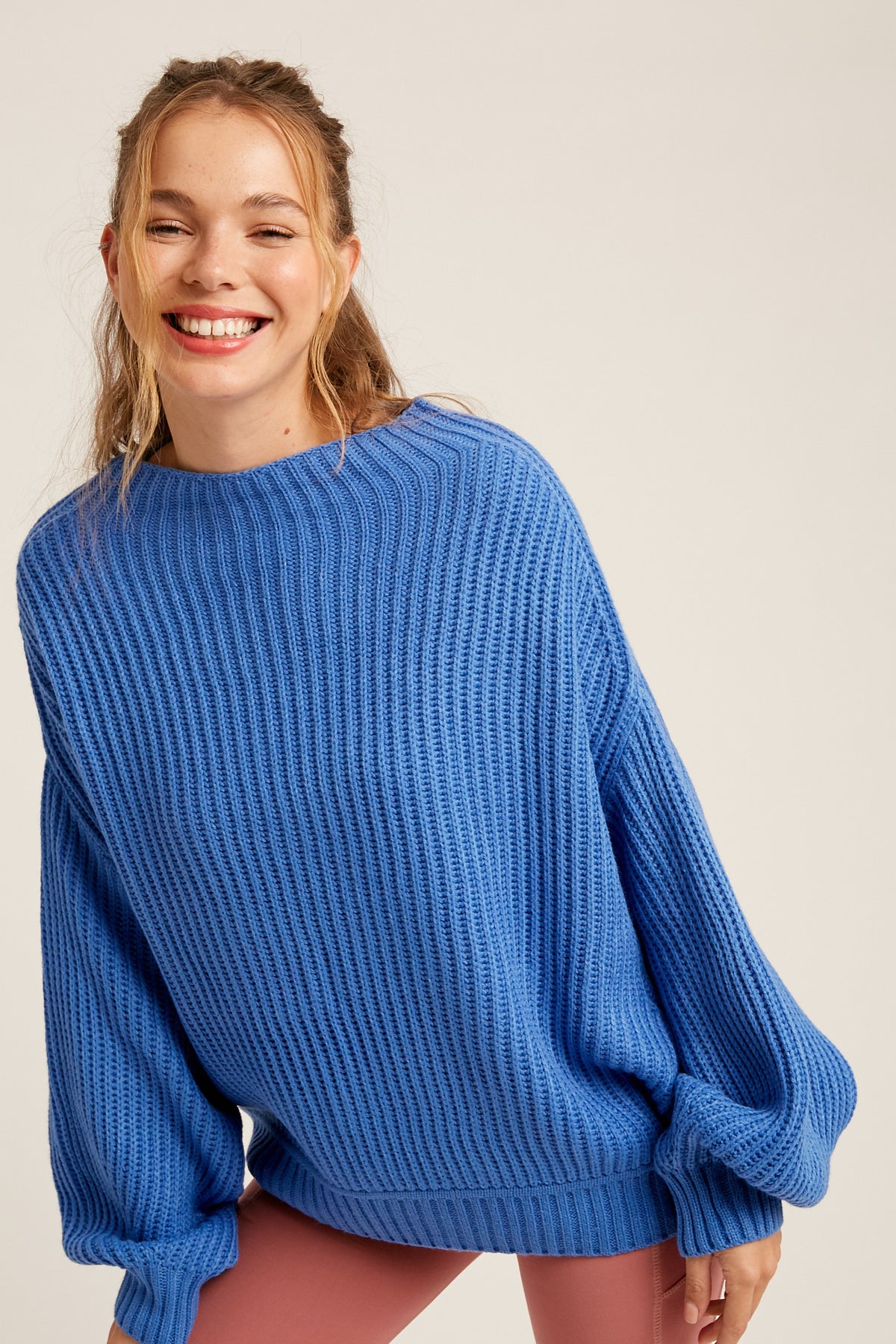 Ribbed Mock Neck Dolman Sleeve Knit Sweater