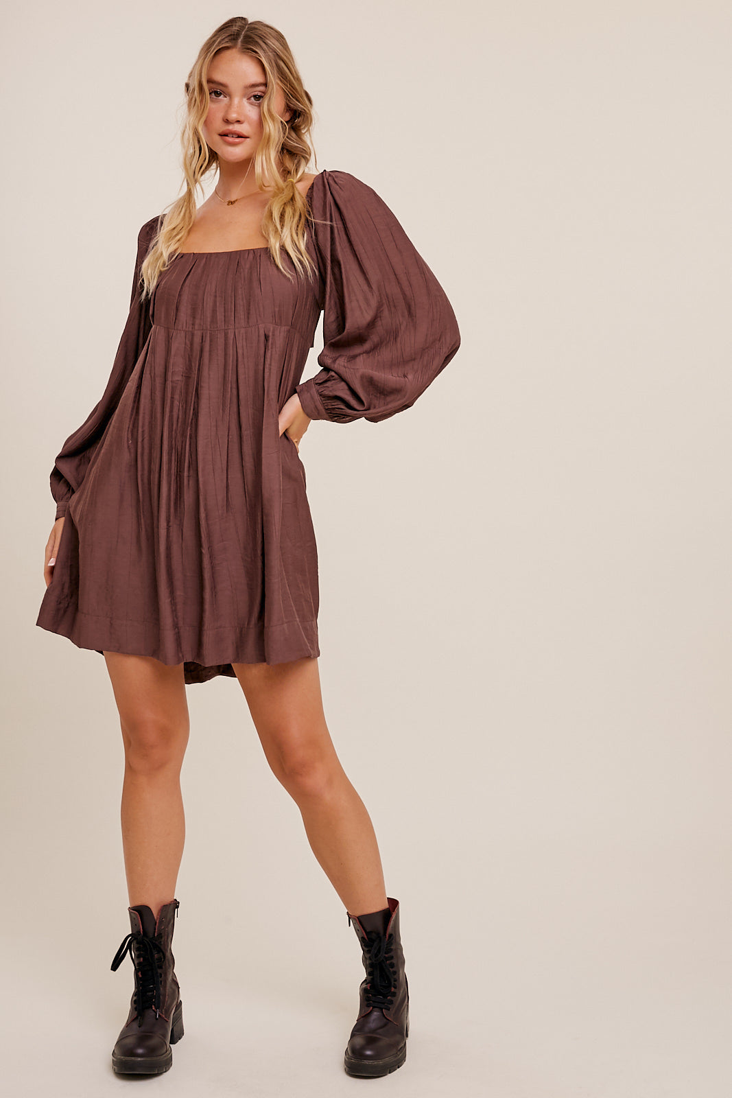 Pleated Square Neck Babydoll Dress