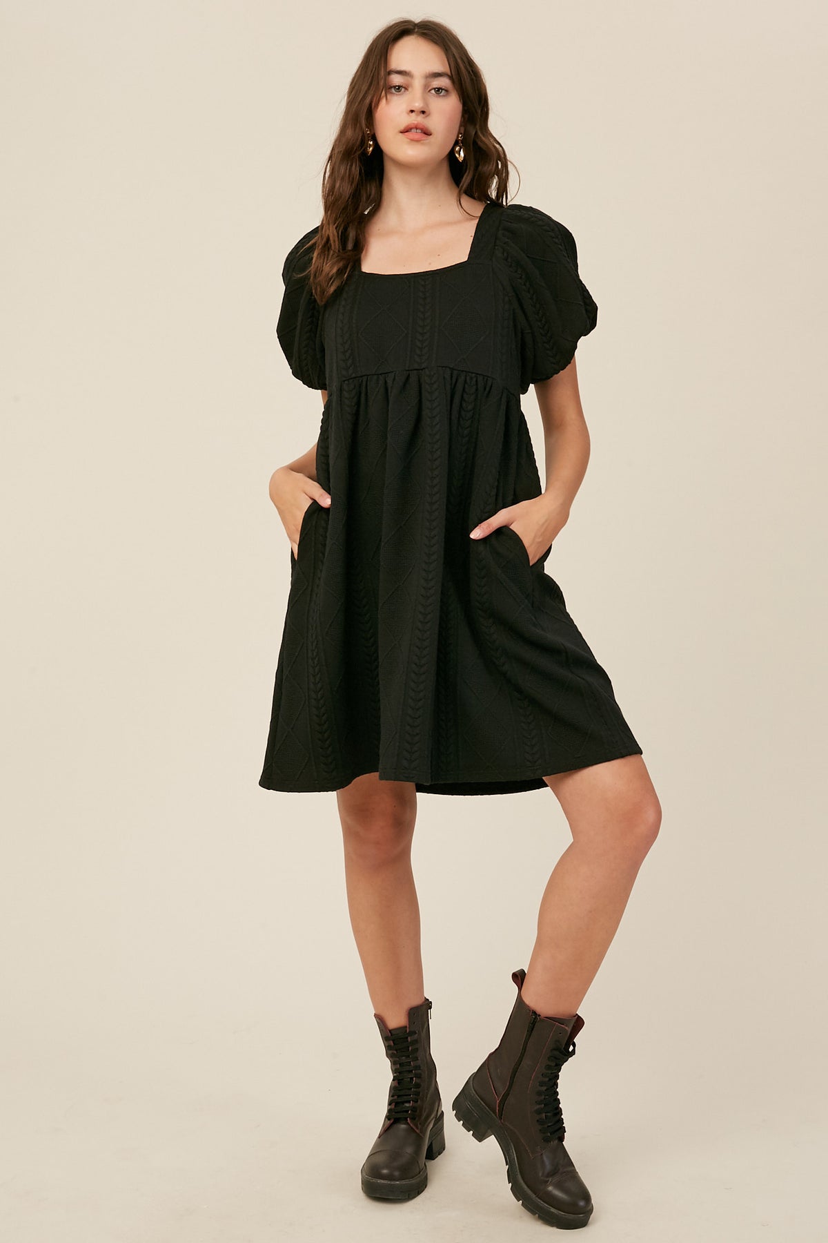 Puff Sleeves Cable Knit Babydoll Dress