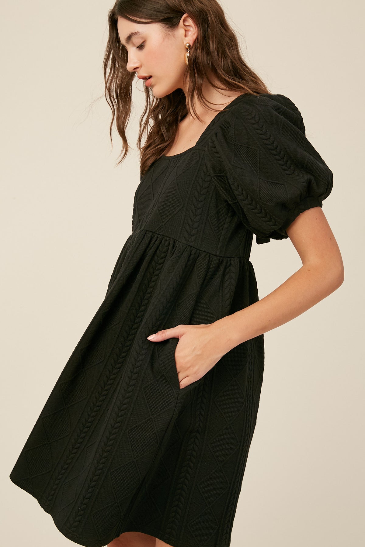 Puff Sleeves Cable Knit Babydoll Dress